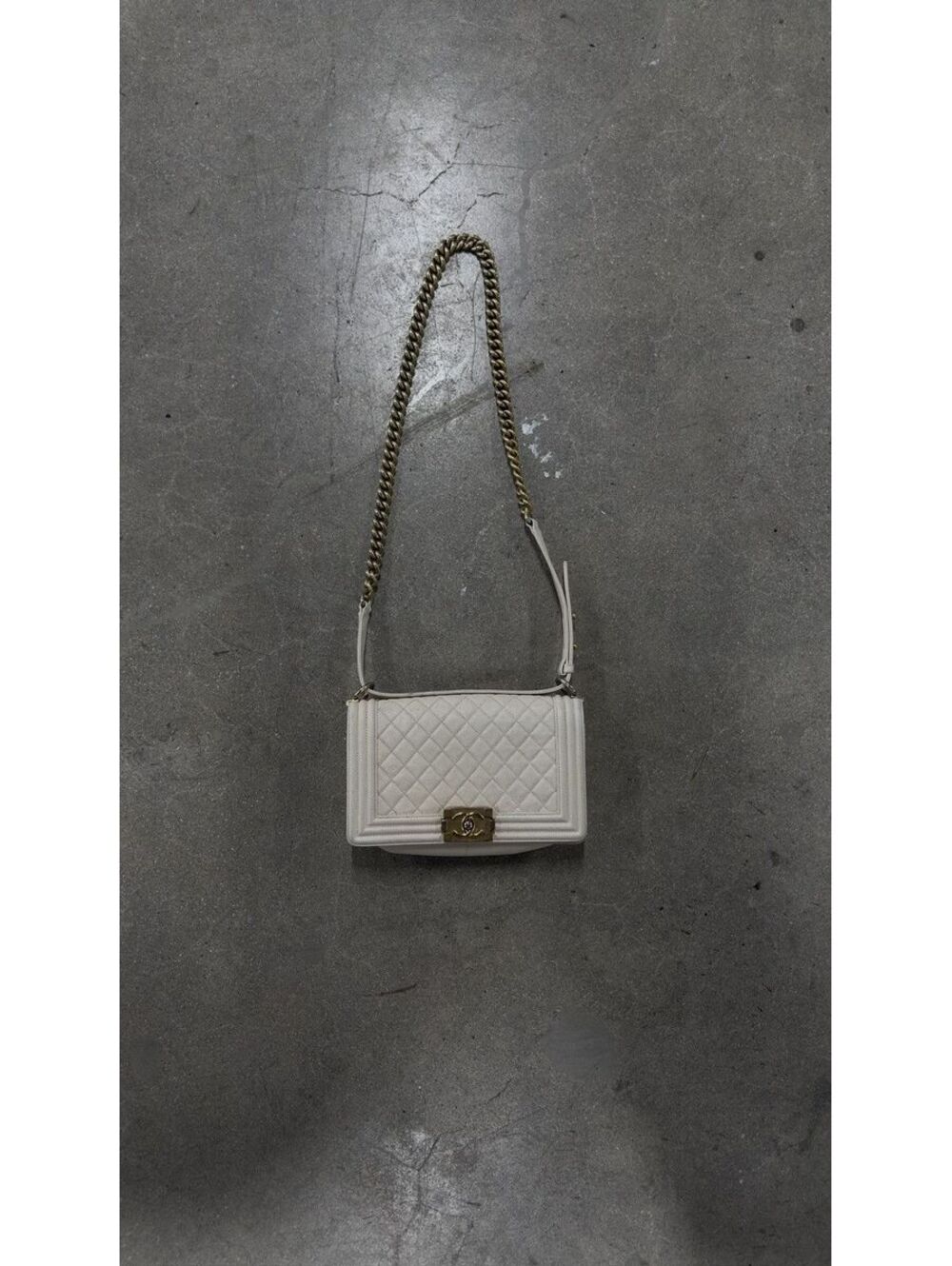 Chanel Boy Bag Old Medium White Caviar Leather Gold Hardware Authentic